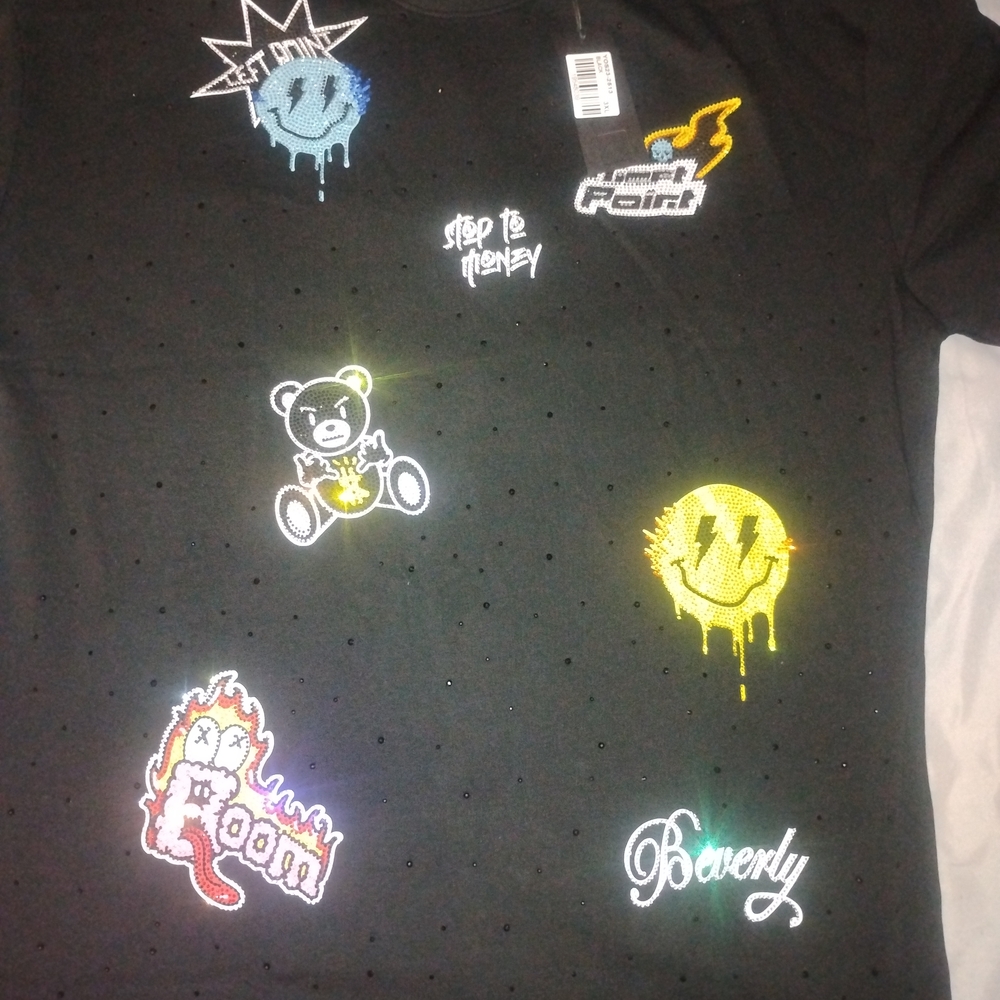 Black Graphic Tee with Colorful Patches